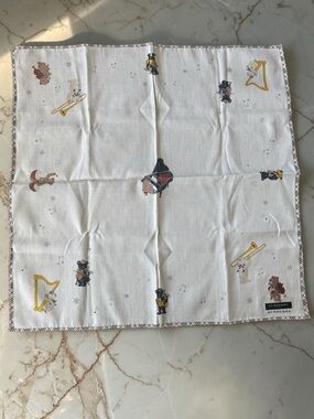 Vintage Burberry White Cotton Scarf with Multicolor Musical Bear Motifs